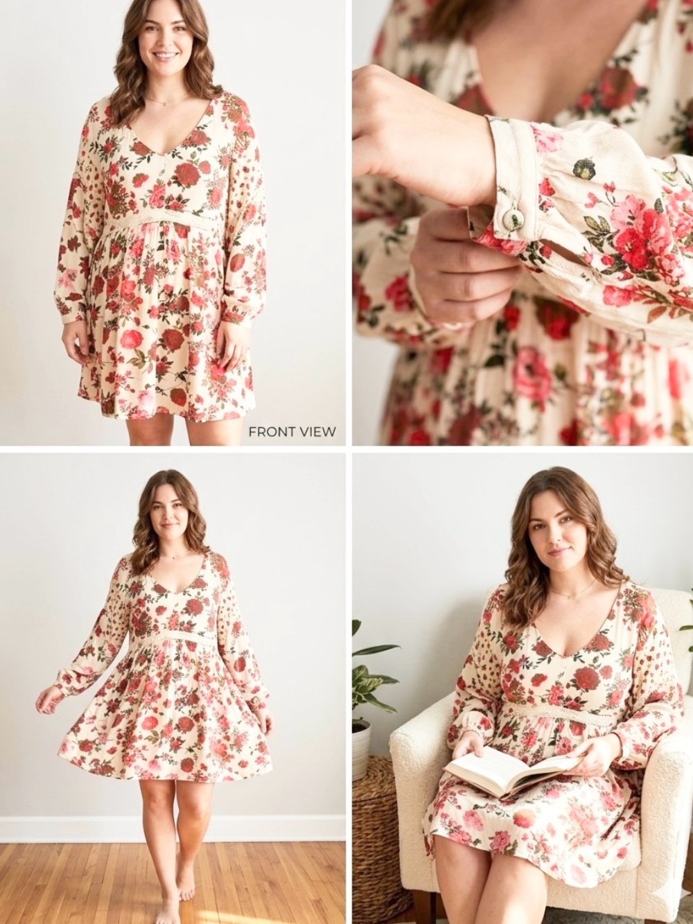 Chelsea and Violet V Neck Floral Boho Chic Tunic Sleeve Babydoll Dress Med
